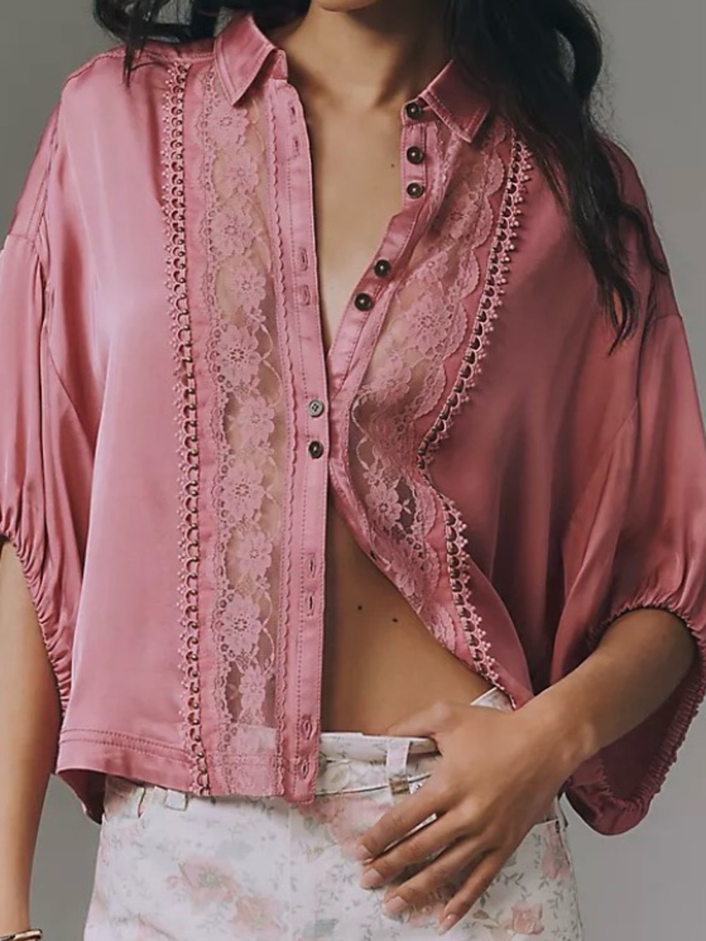 NWT Anthropologie Mauve Pink Lace Batwing Blouse M